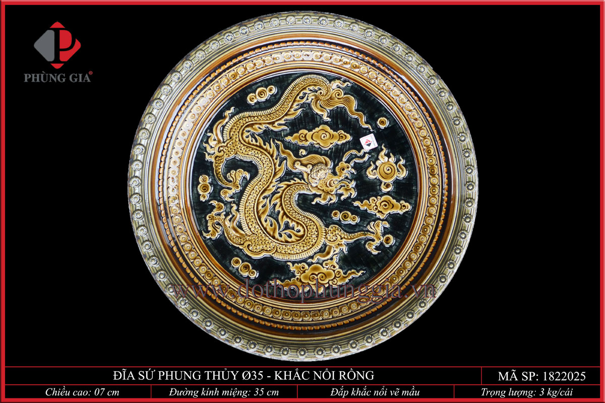 Đĩa trang trí phong thủy khắc đắp nổi Rồng vẽ mầu vàng thổ Ø35cm