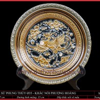 Đĩa trang trí phong thủy khắc đắp nổi Phượng Hoàng vẽ mầu vàng thổ Ø35cm